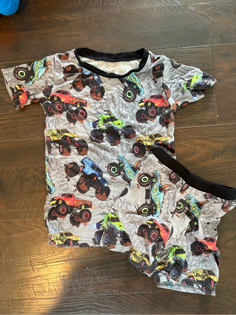 Boys Gray Monster Truck Pajama Set with Colorful Prints